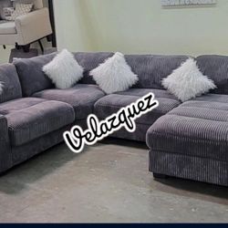  ✅️ 4 pc grey wide welt cordury fabric upholstered modular sectional sofa with chaise ✅️✅️