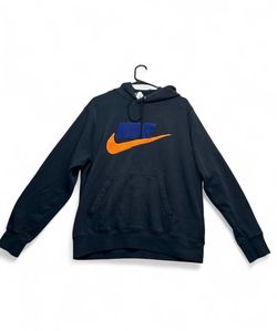 Nike black hoodie with orange and blue logo, size M