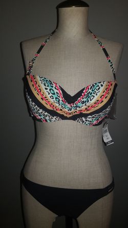 New women's bikini size M medium black strappy bottoms and 34C underwire top animal print nwt Macy's