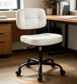 Armless Office Desk Chair with Wheels Adjustable Height Swivel Lumbar Support PU Leather Beige