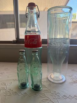 2 Coke a cola glasses and 2 glass coke salt & pepper shakers