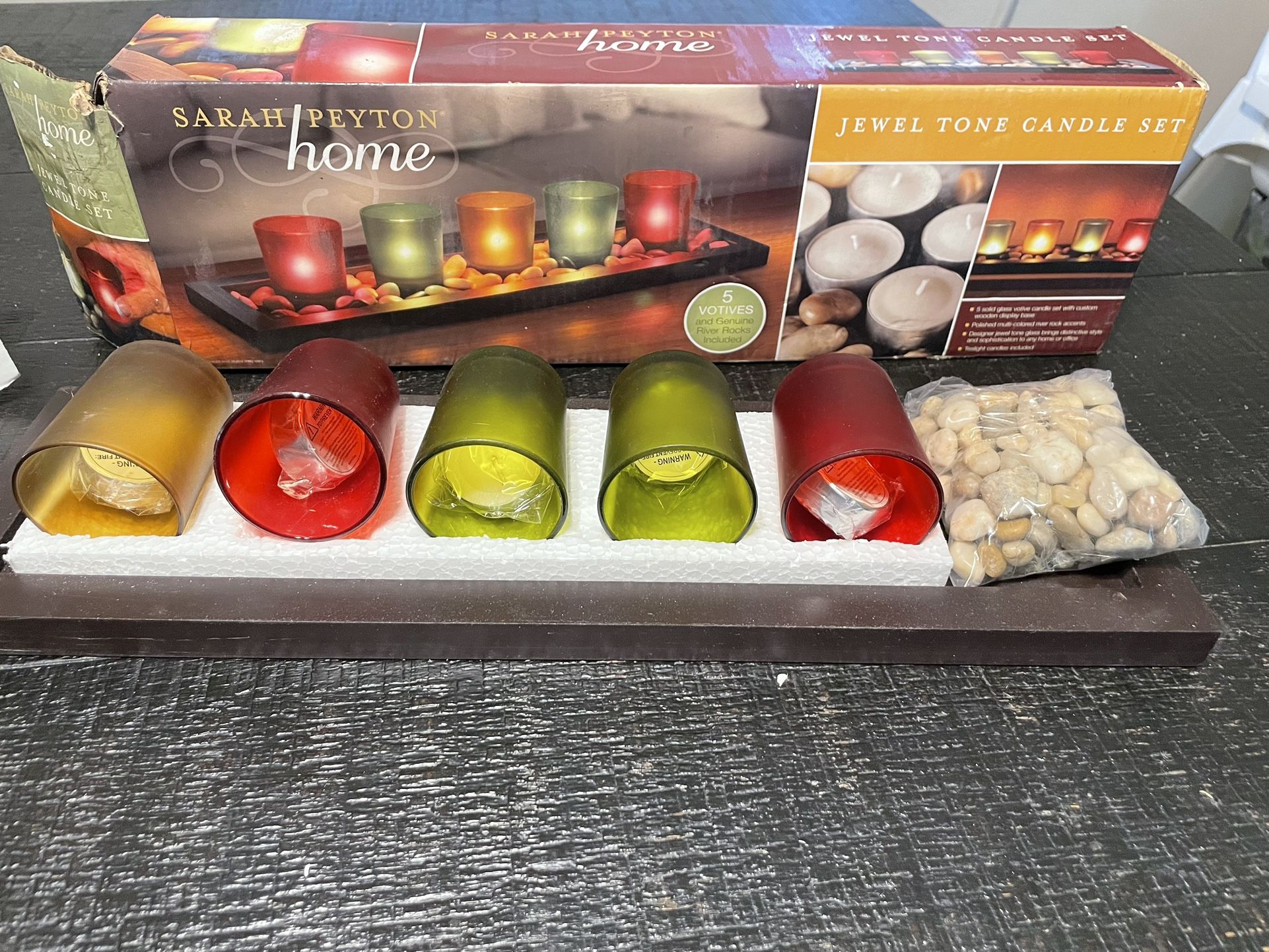 Jewel Tone Candle Votive Set 5 Glass Candle Holders + Tray + Rocks