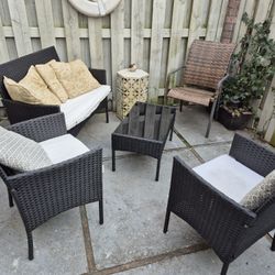 Tunearary 4pc Ratten Wicker Patio Bistro Table Set. Also Offering To Throw In Two Pottery Barn Side Tables And Extra Wicker Chair