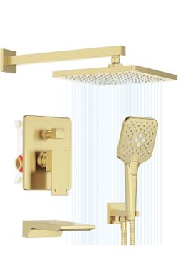 Gabrylly Shower System with Tub Spout, Wall Mounted Shower Faucet Set for Bathroom with High Pressure 10" Rain Shower head and 3-Setting Handheld Show