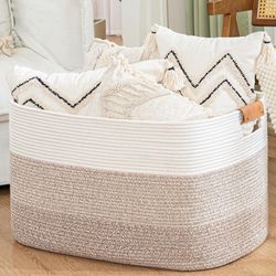 108L Large Woven Storage Basket with Leather Handles, Gradient Brown, 25 ''x 16 ''x16 ''