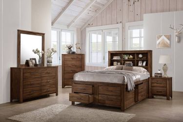 Brand new brown queen captain storage bedframe, dresser, mirror, nightstand 4PCs set