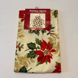 Holiday Apron Christmas Poinsettia Holly Berry 100% Cotton 26x32 Cream Red Green