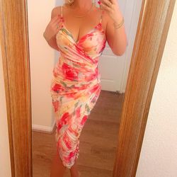 Pink floral mesh midi dress