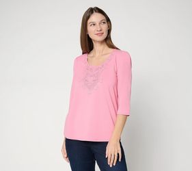 Ree by The Pioneer Woman Scoop Neck Top with Lace Trim Wild Rose, Regular Large