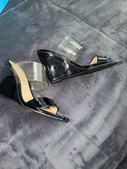 Black Patent Clear Strap Wedge Mule Heels
