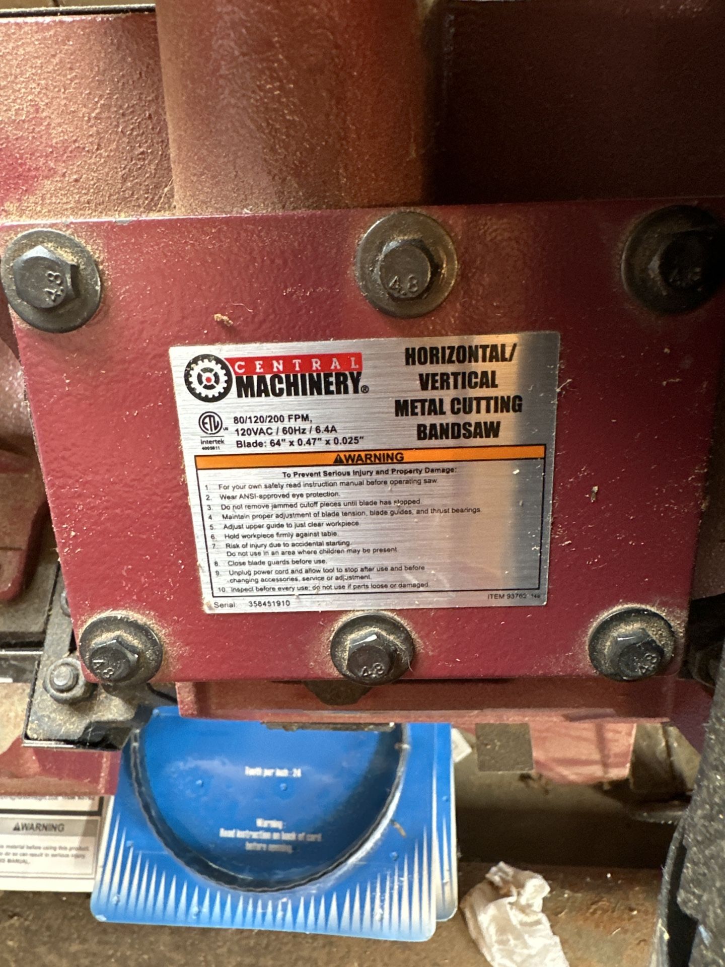 Central Machinery 1 HP Metal Cutting Bandsaw