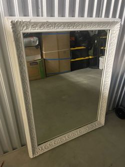 Large Heavy Ornate White Vintage-Style Wall Mirror 36” x 46” – $75