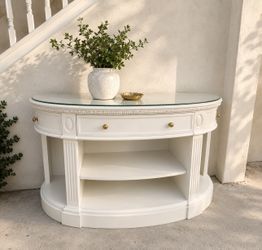 Swiss Coffee Demi Lune Console Cabinet with Glass Top