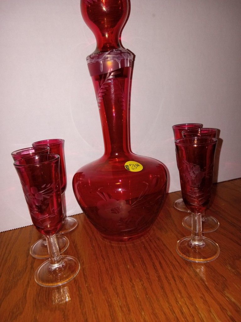 Rare Rage City Vintage Bohemian Cranberry (12")Decanter Crystal Cut To Clear (6) Stemmed Cordials