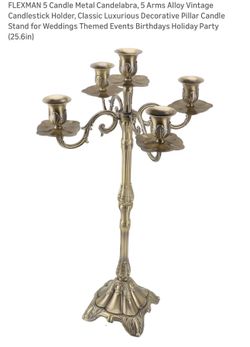 FLEXMAN 5 Candle Metal Candelabra, 5 Arms Alloy Vintage Candlestick Holder, Classic Luxurious Decorative Pillar Candle Stand