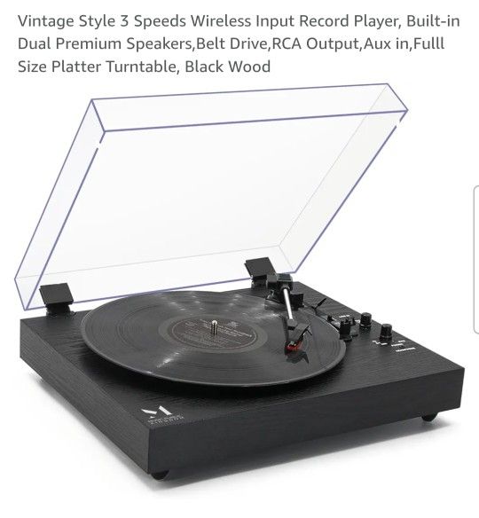 New Vintage Style 3 Speeds Wireless Input Record Player, Built-in Dual Premium Speakers,Belt Drive,RCA Output,Aux in,Fulll Size Platter Turntable