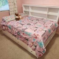 White Solid Wood Full Size Bed With Bookshelf