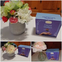New Flowers in cement planter pot, or glass vase and Cocoa Truffles. 
 2 pcs for $5

Have 3 sets available

Great for Mothers Day, Birthday, home, dec