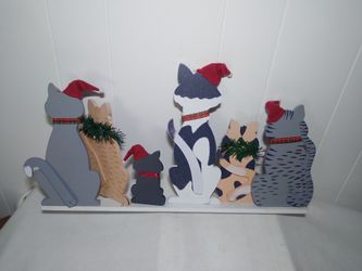 6 Christmas Kittens Cats With Santa Hats Wood Mandle Shelf Decor