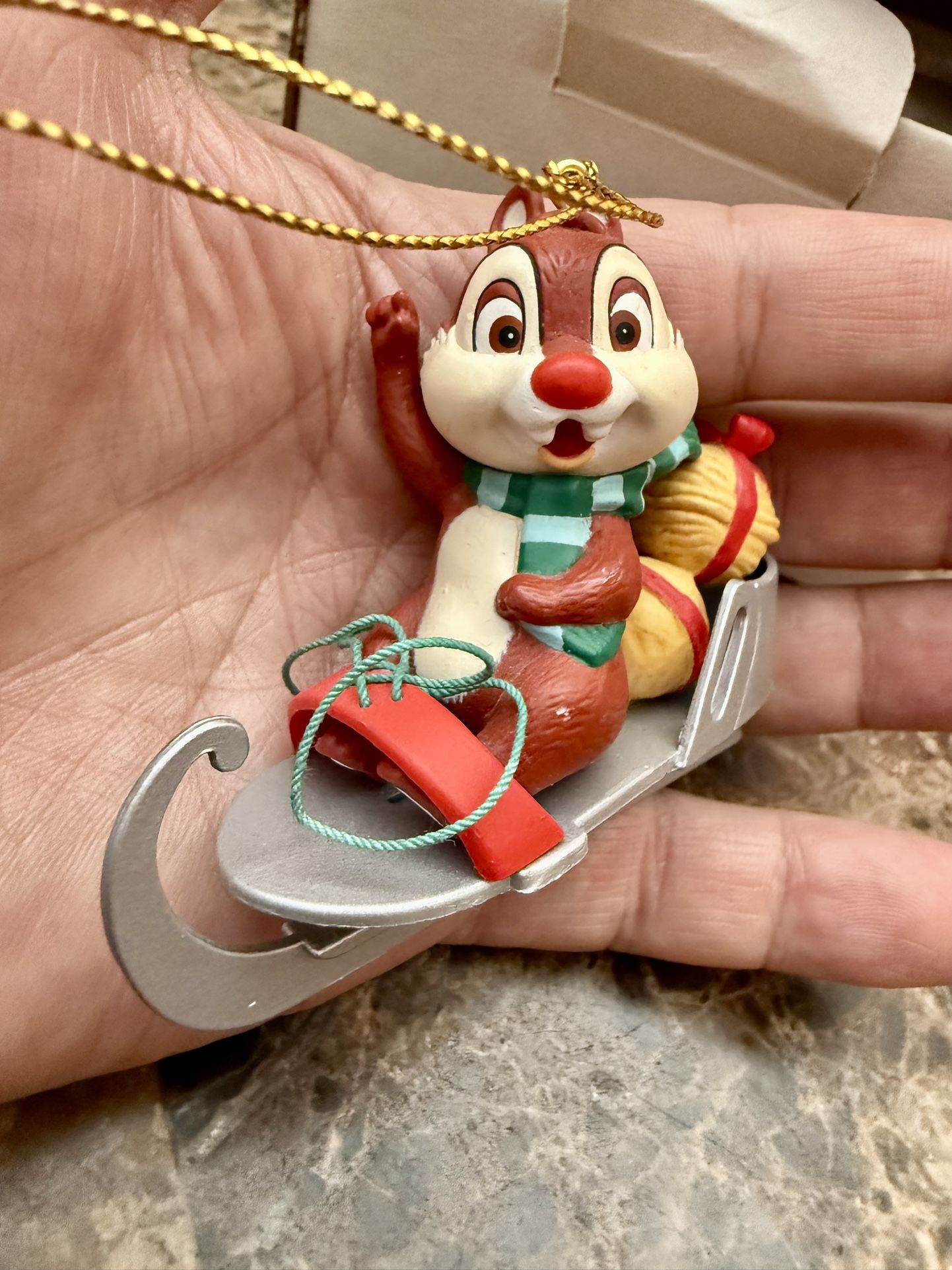 Vintage Disney Grolier Christmas Ornament Dale Chipmunk on Sled 1989 2.5" Box