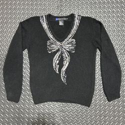 Vintage IB Diffusion Sweater Beaded Sequin Silk Bow Bib Black 90s Womens XS