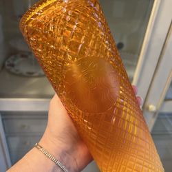 New Starbucks 2022 Orange Mango Jeweled Grid Gradient 24oz Venti Cold Cup Tumbler