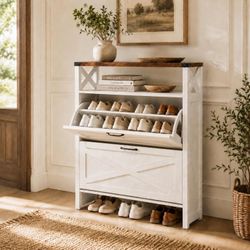 VINGLI Farmhouse Shoe Cabinet with 2 Flip Drawers – Rustic White & Brown