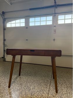 Modern Brown Wooden Polished Desk with Black Leather Chair
