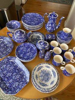 40+ Pc Vintage Blue & White Calico Dish Set - Staffordshire & Japan