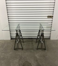 Glass-Top Trestle Desk with Metal Supports