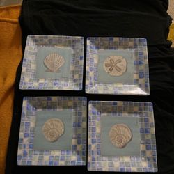 Set of 4 Blue Green Mosaic Salad Plates with Shell Design by Oneida & Paul Brent