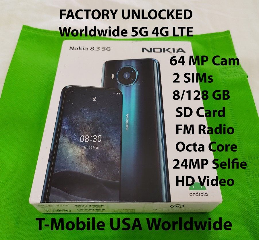 T Mobile Nokia 8.3 5G Unlocked 6.8" 8/128 GB 64MP Cam Dual SIMs SD Card Radio