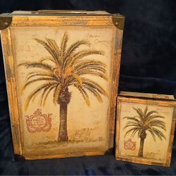 Used like New. A Set of Collectible Decorated Storage Boxes with a Palm Tree Design. 