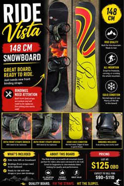 Ride Vista 148 cm Snowboard with Bindings – Needs Strap Repair