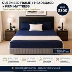 Queen Bed Frame + Leather Headboard + Serta Perfect Sleeper Mattress