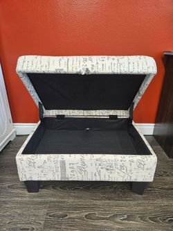 French Script Beige Storage Ottomon