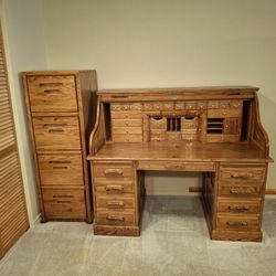 Oak Roll Top And File Cabinet