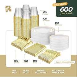 600pcs Plastic Dinnerware Set 100 Guest, Gold 