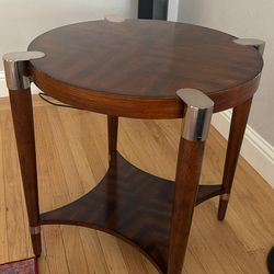 Round Wood Side Table with Metal Accents