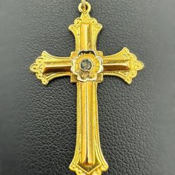 18k solid yellow gold 0.05CT brown Tourmaline stone cross pendant charm