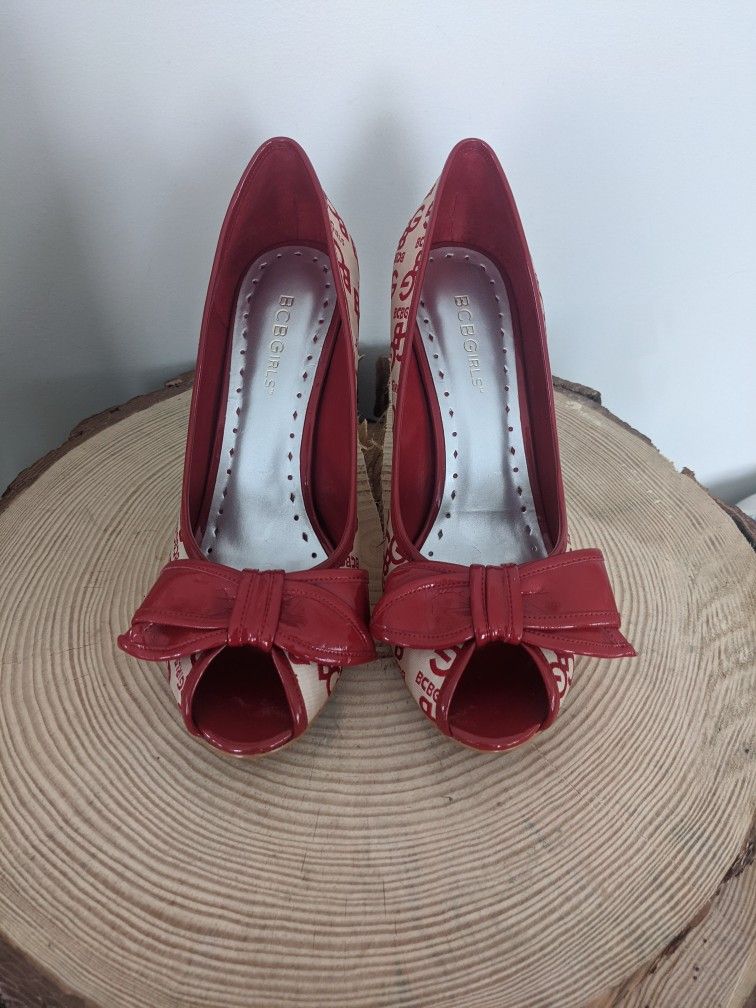 BGBG Girls Red And Cream Logo Peep Toe Heels