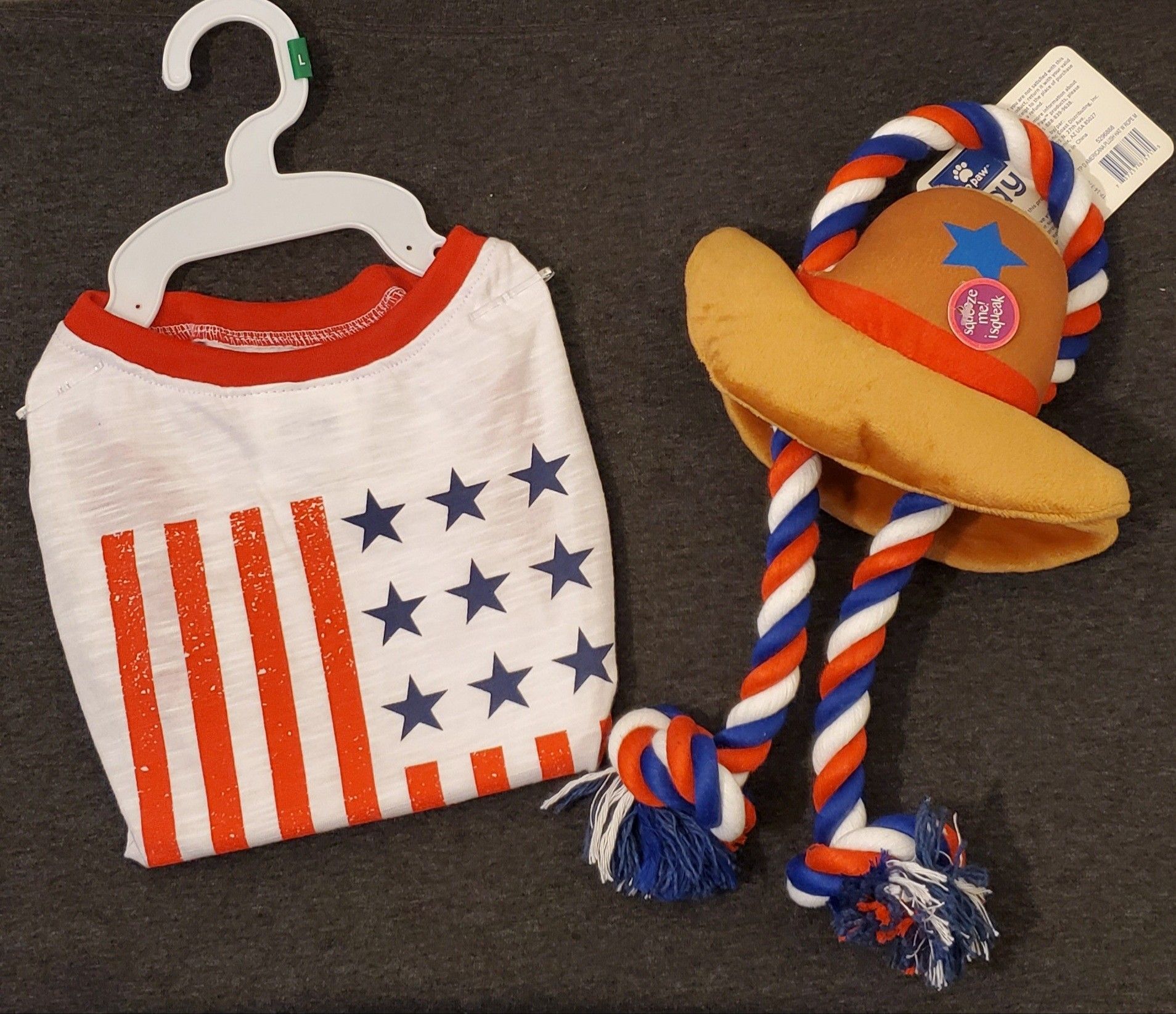 Red, White, and Blue Dog Shirt & Rope Toy Set