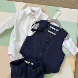 (Worn Once) Janie and Jack Boys Formal Suit 4-Piece Set (Shirt, Vest, Pants, Bow Tie) navy blue 3T/4T 