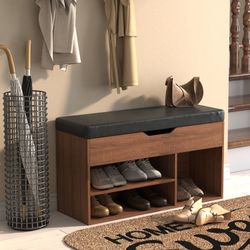 Homy Casa ERNEST 31.5” BROWN Shoe Storage Bench Open Box