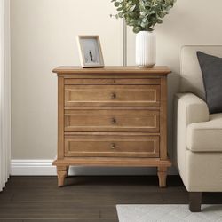 S84-Farmhouse 3 Drawer End Table with Tray, Drawer Organizer with Solid Wood Legs, End Table with Charging Station（Acorn）
