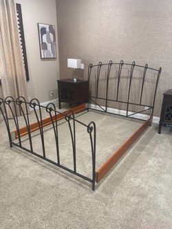 Black Wrought Iron Bed Frame with Wood Rails