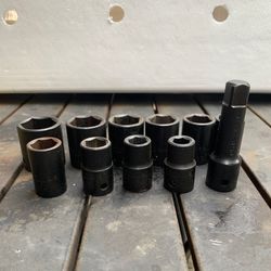 Impact Sockets, SAE, 1/2 Drive, 6 Point, 10 Sockets, 1 Extension