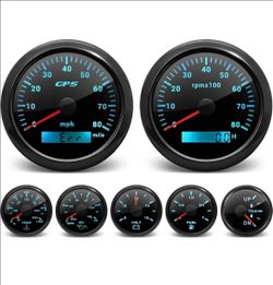 Black 7 Gauge Set 3-3/8" 85mm GPS Speedometer, Tachometer, 2-1/16" Fuel Level Water Temperature Oil Pressure Volt Trim Boat Guage Retails $206