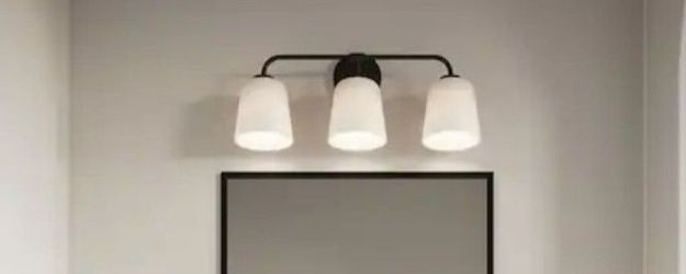 Matte Black Bathroom Vanity Light Bar 23 in. 3 Lights ,White Ribbed Glass, Bell-Shaped shades, Dimmable