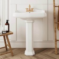 New Dynasty 23x19 Inch White Pedestal Sink, Ceramic Bathroom Sink with Overflow and Backsplash